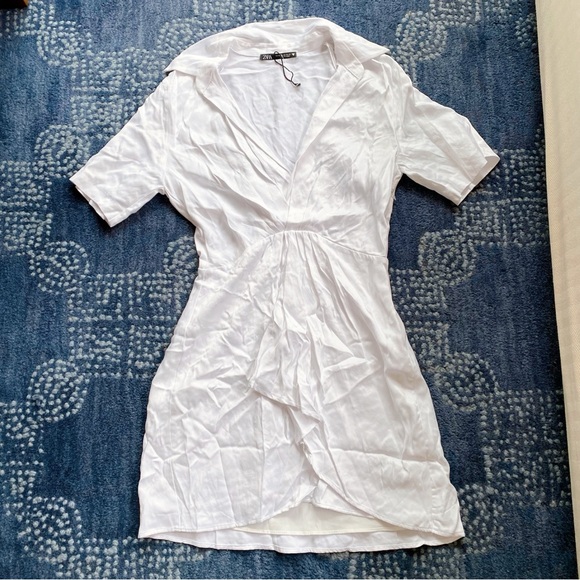 🤍 ZARA WHITE SATIN SHORT SLEEVE FLAP MINI DRESS! - Picture 12 of 16